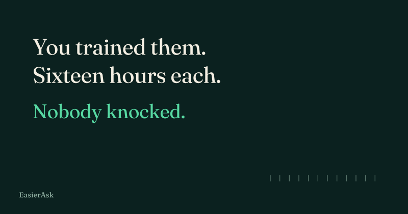 You trained them. Sixteen hours each. Nobody knocked.